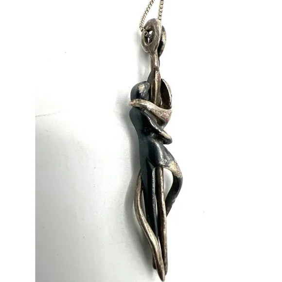 Silver Couple Pendant Necklace 18" Chain Yin Yang Dance Abstract Modernist Vtg - Picture 3 of 10